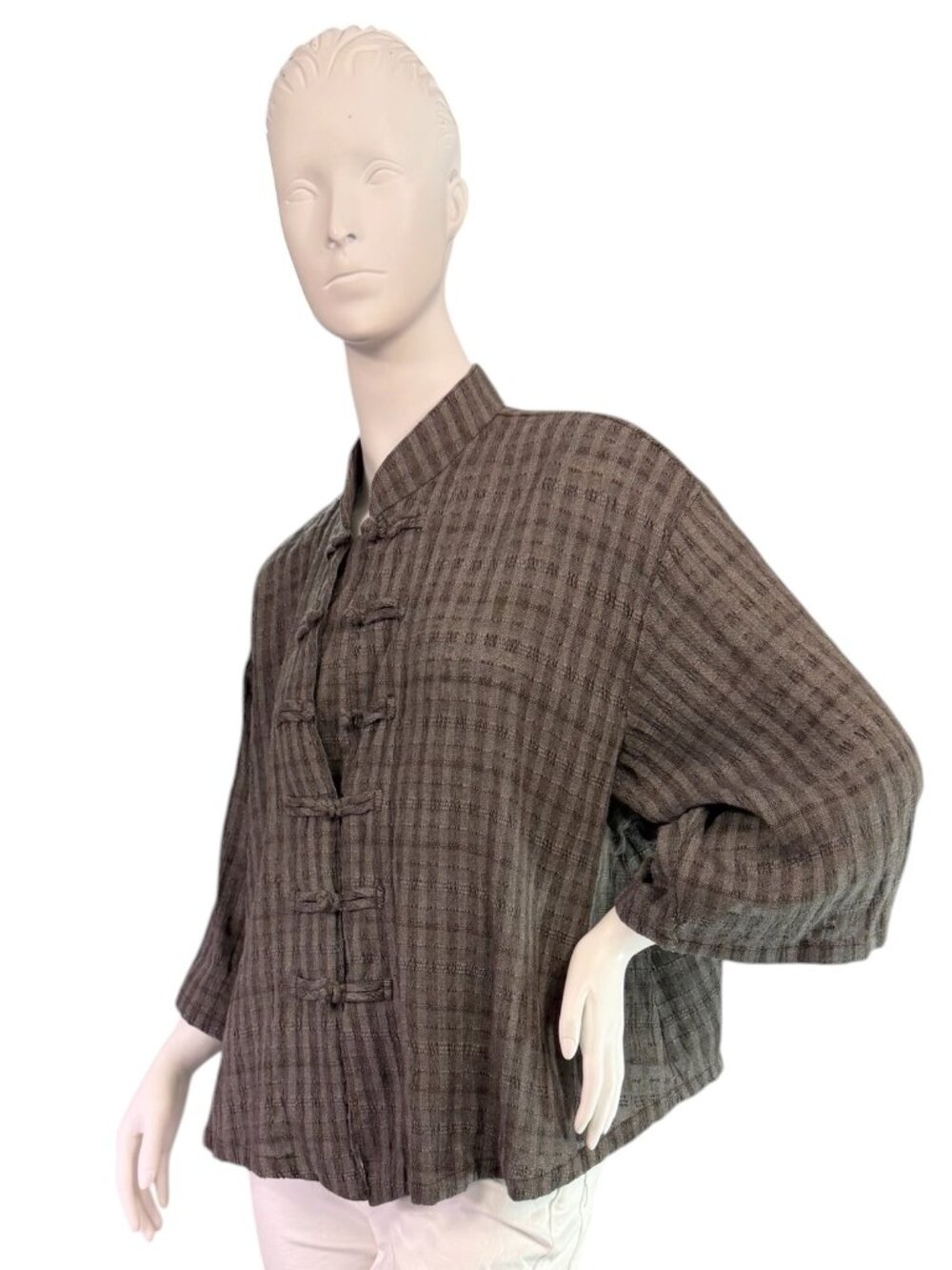 Santa Fe Hemp Gray Woven Asian Blouse Lagenlook Size Medium